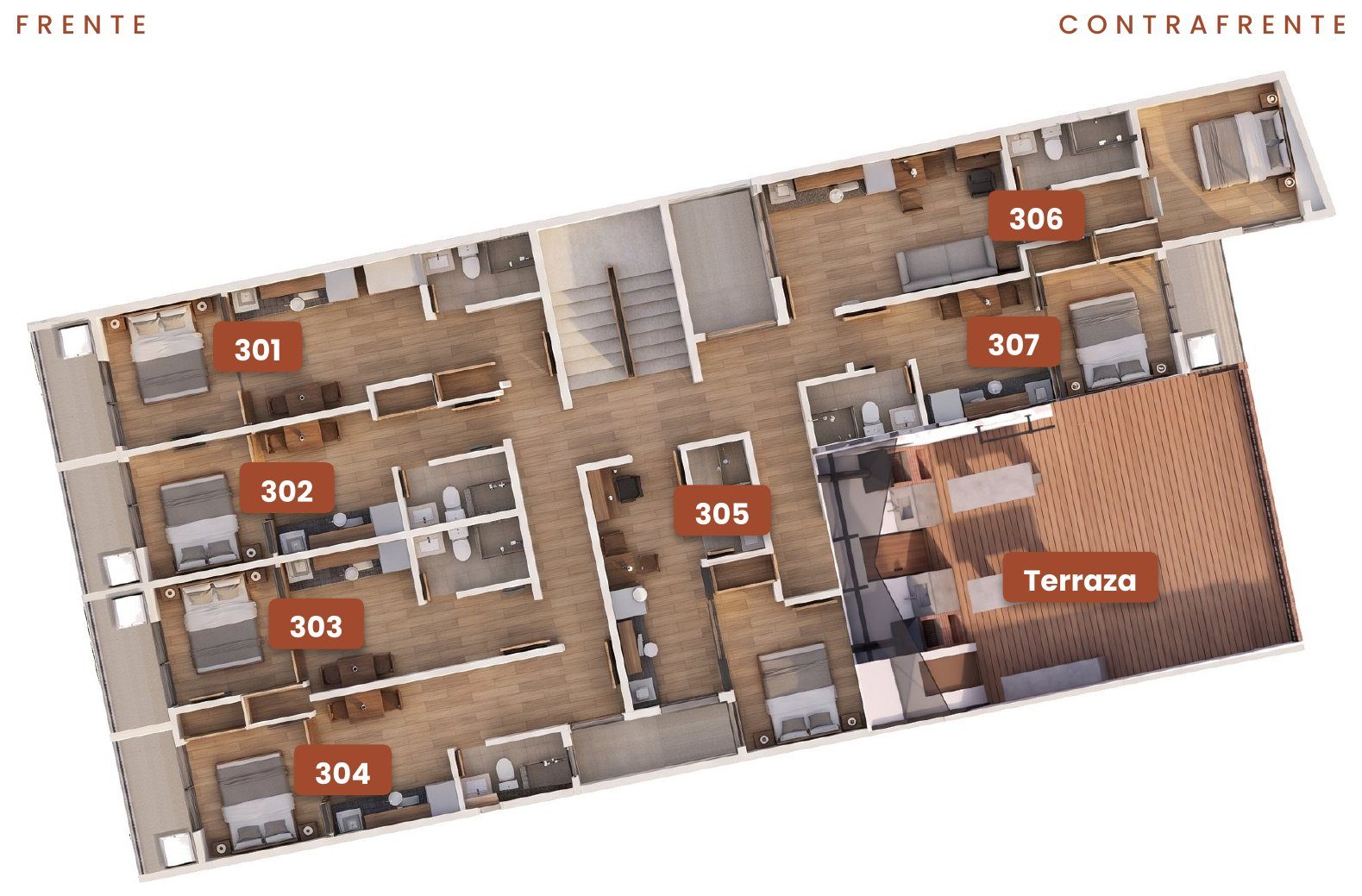 Planta del 3er piso con 7 unidades y la terraza común