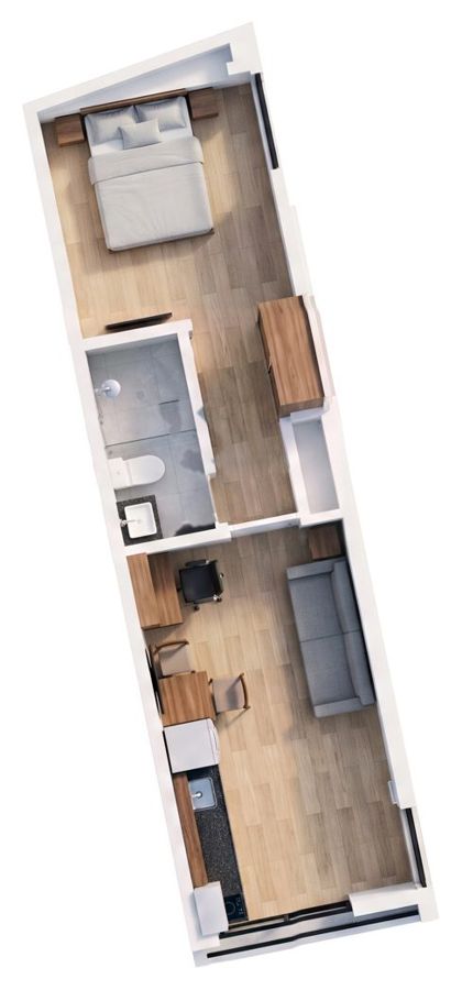 Planta de unidad de 1 dormitorio con estar y dormitorio separados por el baño
